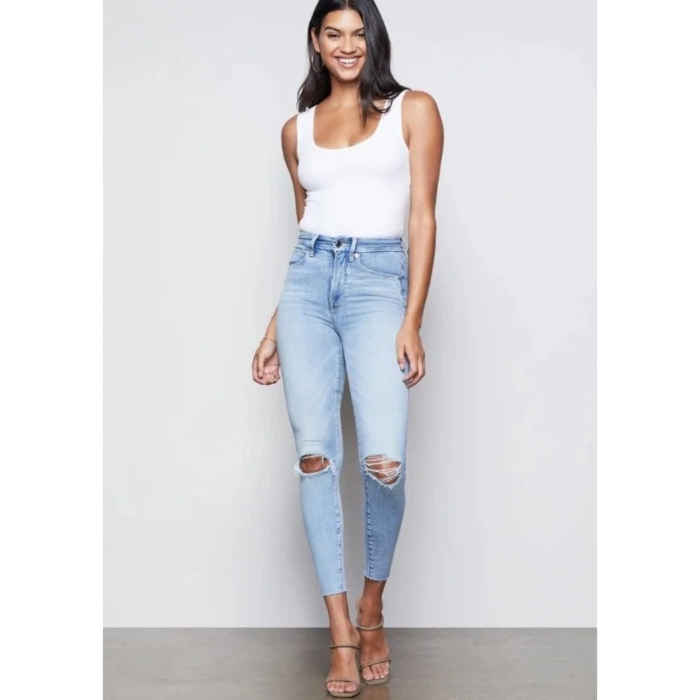 Good American Good Waist Crop Raw Edge Blue 352 Stretch Skinny Leg